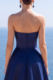 Corset marine à perles, ligne A, sans bretelles longue robe de cérémonie