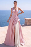 Robe de cérémonie longue froncée à perles roses, ligne A