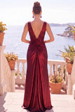 Robe de cérémonie longue avec fente, sirène métallique bourgogne