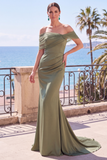 Sirène froncée vert sauge à épaules dénudées, robe longue de cérémonie