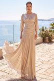 Robe longue de cérémonie à manches mi-longues, ligne A froncée champagne