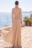 Robe longue de cérémonie à manches mi-longues, ligne A froncée champagne