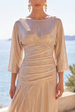 Robe longue de cérémonie à manches mi-longues, ligne A froncée champagne