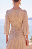 Robe longue de cérémonie à manches mi-longues, ligne A froncée champagne