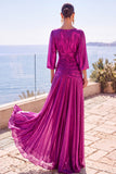Robe longue de cérémonie à manches mi-longues, ligne A froncée champagne