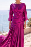 Robe longue de cérémonie à manches mi-longues, ligne A froncée champagne