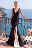 Robe de cérémonie longue à col V, sirène noir et blanche avec fente