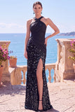 Robes de cérémonie longue noire à paillettes, sirène à encolure dos-nu avec fente