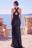 Robes de cérémonie longue noire à paillettes, sirène à encolure dos-nu avec fente