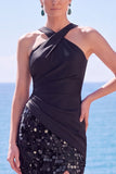 Robes de cérémonie longue noire à paillettes, sirène à encolure dos-nu avec fente