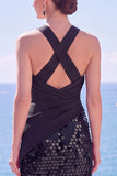 Robes de cérémonie longue noire à paillettes, sirène à encolure dos-nu avec fente