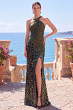 Robes de cérémonie longue noire à paillettes, sirène à encolure dos-nu avec fente