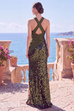 Robes de cérémonie longue noire à paillettes, sirène à encolure dos-nu avec fente
