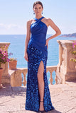 Robes de cérémonie longue noire à paillettes, sirène à encolure dos-nu avec fente