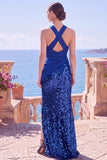 Robes de cérémonie longue noire à paillettes, sirène à encolure dos-nu avec fente