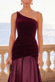 Robe de cérémonie maxi en velours, coupe sirène, à une épaule, bordeaux