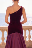 Robe de cérémonie maxi en velours, coupe sirène, à une épaule, bordeaux
