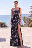 Robe de cérémonie longue fourreau en floral à col carré, bleue avec fente