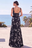 Robe de cérémonie longue fourreau en floral à col carré, bleue avec fente