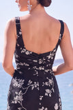 Robe de cérémonie longue fourreau en floral à col carré, bleue avec fente