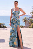 Robe de cérémonie longue fourreau en floral à col carré, bleue avec fente
