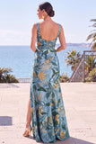 Robe de cérémonie longue fourreau en floral à col carré, bleue avec fente