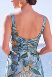 Robe de cérémonie longue fourreau en floral à col carré, bleue avec fente