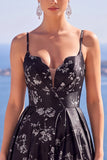 Longue robe de cérémonie floral ligne A bleue avec fente