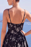 Longue robe de cérémonie floral ligne A bleue avec fente