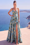 Longue robe de cérémonie floral ligne A bleue avec fente