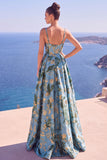 Longue robe de cérémonie floral ligne A bleue avec fente