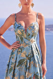Longue robe de cérémonie floral ligne A bleue avec fente