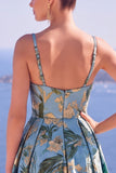 Longue robe de cérémonie floral ligne A bleue avec fente