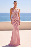 Blush à encolure dos-nu avec paillettes, sirène perlée floral froncée, robe longue de cérémonie