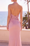 Blush à encolure dos-nu avec paillettes, sirène perlée floral froncée, robe longue de cérémonie