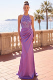 Satin violet à encolure dos-nu, avec broderie florale, sirène froncée, longue robe de cérémonie à paillettes
