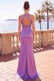 Satin violet à encolure dos-nu, avec broderie florale, sirène froncée, longue robe de cérémonie à paillettes
