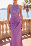 Satin violet à encolure dos-nu, avec broderie florale, sirène froncée, longue robe de cérémonie à paillettes