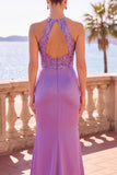 Satin violet à encolure dos-nu, avec broderie florale, sirène froncée, longue robe de cérémonie à paillettes