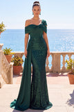 Robe de cérémonie longue sirène scintillante vert foncé, asymétrique à épaules dénudées, à paillettes