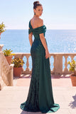 Robe de cérémonie longue sirène scintillante vert foncé, asymétrique à épaules dénudées, à paillettes