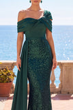 Robe de cérémonie longue sirène scintillante vert foncé, asymétrique à épaules dénudées, à paillettes
