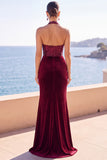 Velours bourgogne à encolure dos-nu à paillettes, sirène froncée, robe de cérémonie longue avec fente latérale
