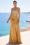 Satin or à manches longues à paillettes, sirène froncée, robe longue de cérémonie
