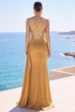 Satin or à manches longues à paillettes, sirène froncée, robe longue de cérémonie