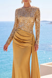 Satin or à manches longues à paillettes, sirène froncée, robe longue de cérémonie