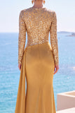 Satin or à manches longues à paillettes, sirène froncée, robe longue de cérémonie