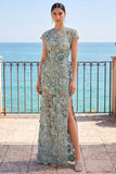 Appliqués 3D gris-vert à encolure illusion, fourreau longue robe de cérémonie avec fente