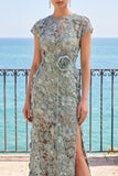 Appliqués 3D gris-vert à encolure illusion, fourreau longue robe de cérémonie avec fente