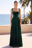 Corset en velours vert foncé plissé, longue robe de cérémonie ligne A